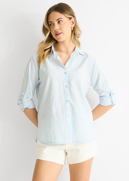 Camisa de algodón azul con rayas y mangas remangadas - Image 2
