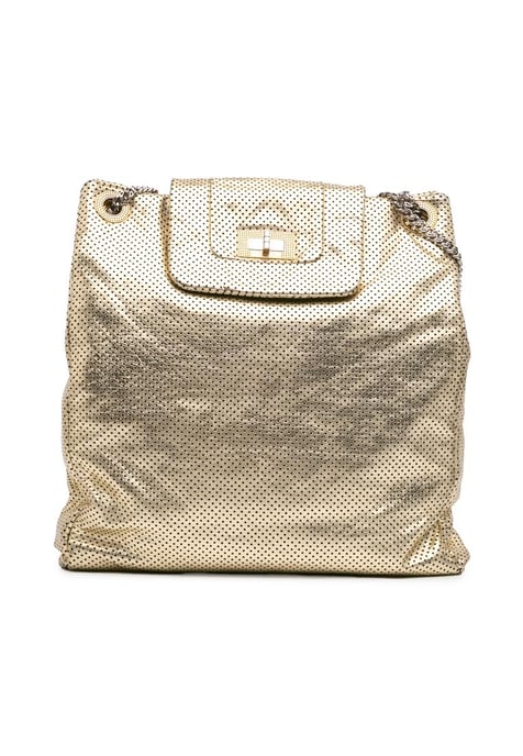 Tote De Cuero Metalico Craquelado Perforado Con Correas De Eslabones De Cadena - Image 1
