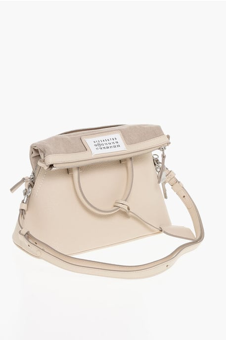 Bolso MM11 5AC de piel texturizada con detalle de lona en beige - Image 3