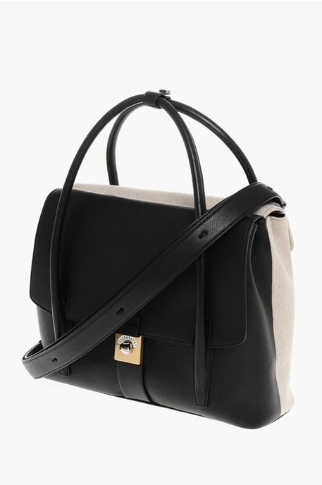 Bolso tote de lona y cuero con correa de hombro ajustable en color negro - Image 3