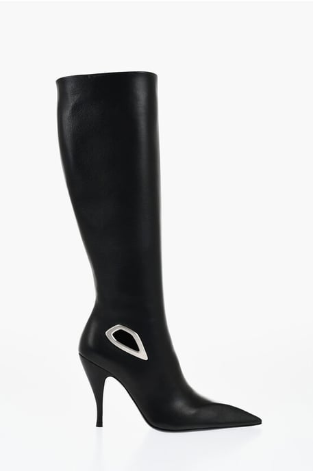 Botas altas de piel con detalles recortados y tacón de 11 cm en color negro - Image 3