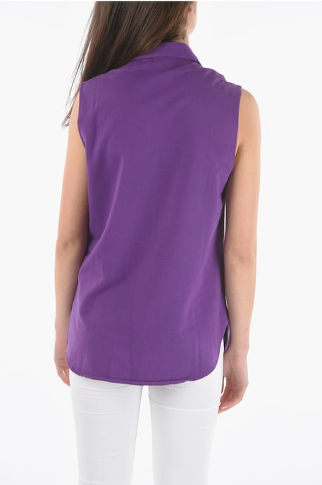 Camisa larga sin mangas de algodón con bolsillos dobles en el pecho en violeta - Image 2