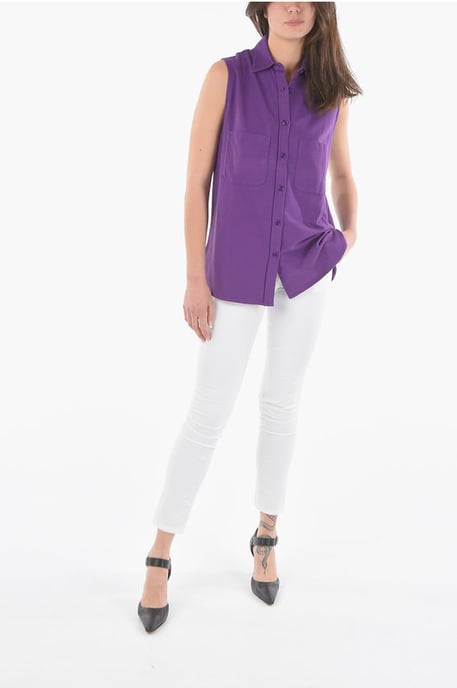 Camisa larga sin mangas de algodón con bolsillos dobles en el pecho en violeta - Image 4
