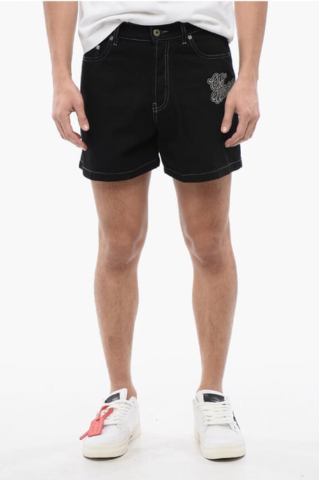 Pantalones cortos lavados oscuros con logotipo bordado en negro - Image 1