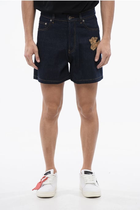 Shorts vaqueros con bordado 90SLOGO y lavado crudo en azul - Image 1