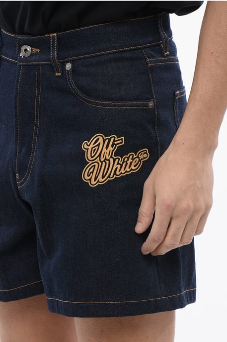 Shorts vaqueros con bordado 90SLOGO y lavado crudo en azul - Image 3