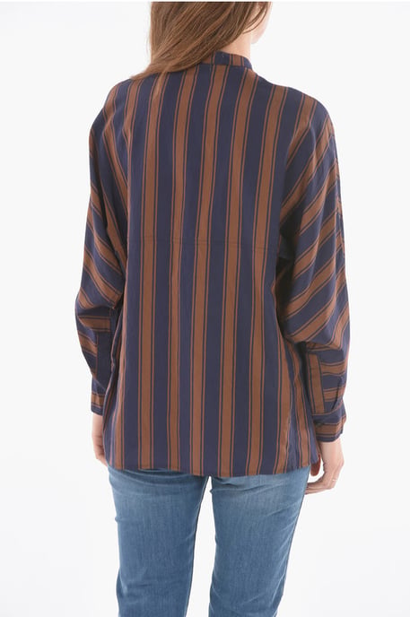 Camisa SCULLY de cuello mandarín con rayas desequilibradas en azul y marrón - Image 2