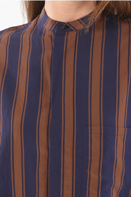 Camisa SCULLY de cuello mandarín con rayas desequilibradas en azul y marrón - Image 3