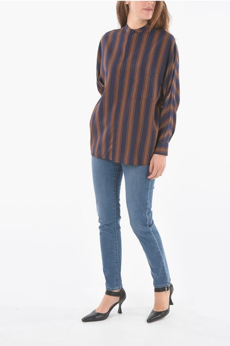 Camisa SCULLY de cuello mandarín con rayas desequilibradas en azul y marrón - Image 4