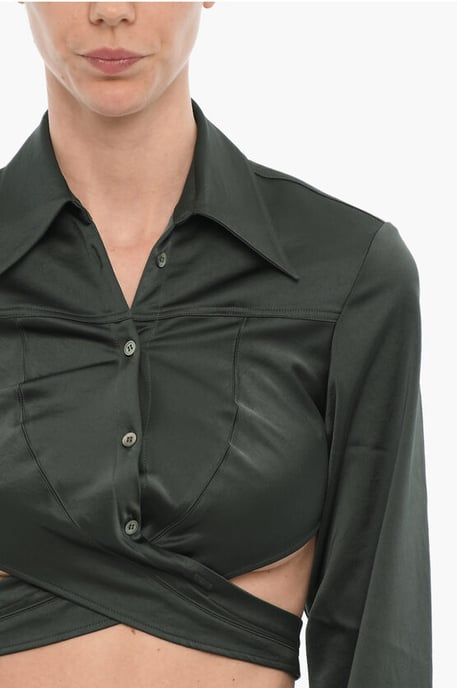 Camisa corta de satén con detalle cruzado en verde - Image 3