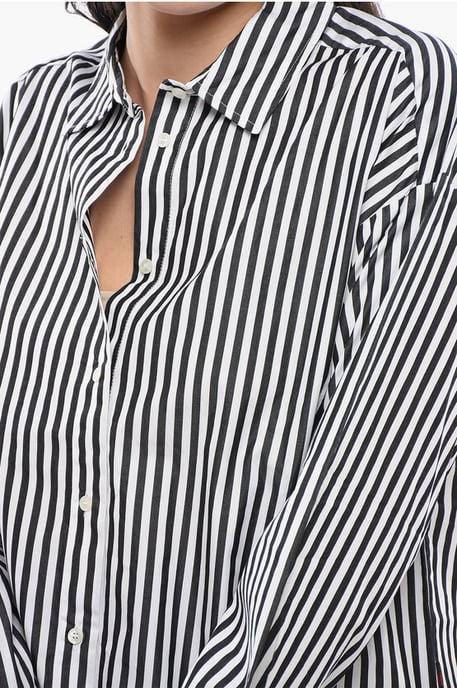 Camisa de hilo a rayas con cordón ajustable en blanco y negro - Image 3