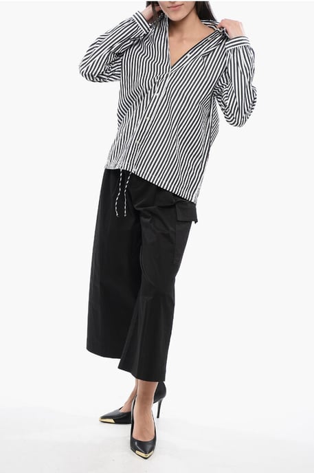 Camisa de hilo a rayas con cordón ajustable en blanco y negro - Image 4