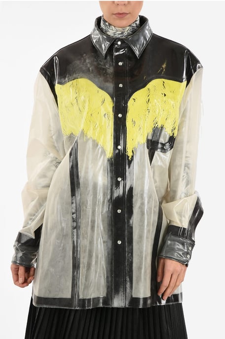 Camisa oversize lacada MM0 con botón a presión en blanco y gris - Image 1