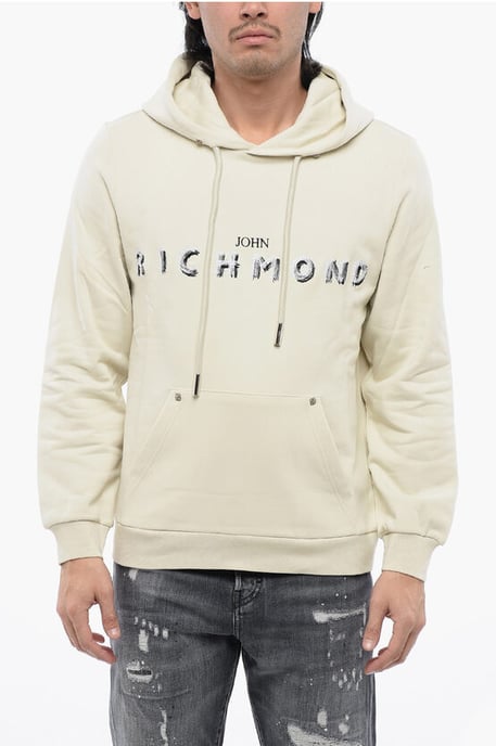 Sudadera con capucha de algodón cepillado con logotipo bordado en beige - Image 1