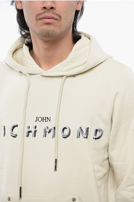 Sudadera con capucha de algodón cepillado con logotipo bordado en beige - Image 3
