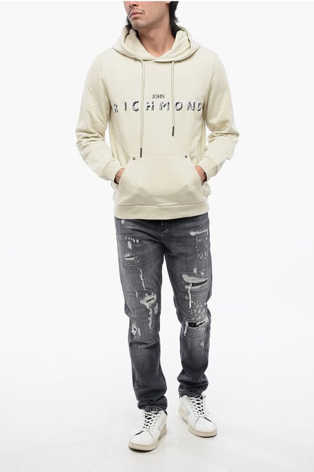 Sudadera con capucha de algodón cepillado con logotipo bordado en beige - Image 4