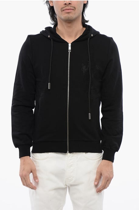 Sudadera con capucha y cremallera de algodón cepillado con strass tribal en negro - Image 1
