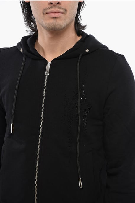 Sudadera con capucha y cremallera de algodón cepillado con strass tribal en negro - Image 3