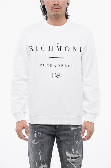 Sudadera de cuello redondo de algodón cepillado con estampado de logotipo en blanco - Image 1