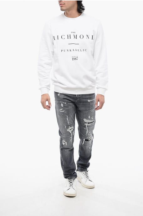 Sudadera de cuello redondo de algodón cepillado con estampado de logotipo en blanco - Image 4