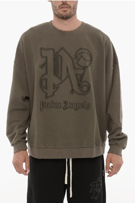 Sudadera de cuello redondo con efecto vintage y monograma en relieve en verde militar - Image 1