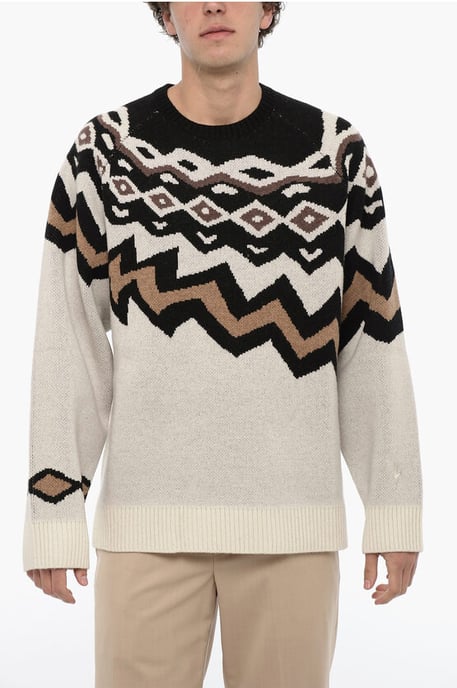 Suéter de cuello redondo de corte cuadrado de lana en beige y negro - Image 1