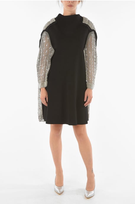 Vestido midi con espalda y mangas con lentejuelas y cuentas en negro - Image 1