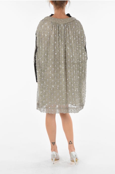 Vestido midi con espalda y mangas con lentejuelas y cuentas en negro - Image 2