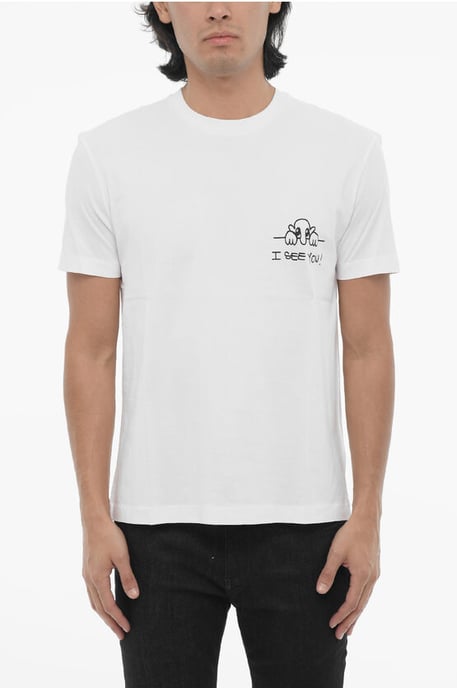 Camiseta de algodón de corte entallado con cuello redondo I SEE YOU en color blanco - Image 1
