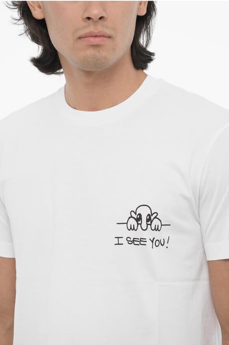 Camiseta de algodón de corte entallado con cuello redondo I SEE YOU en color blanco - Image 3