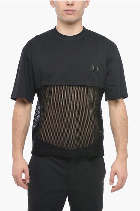 Camiseta de malla ajustada con cuello redondo y piercing en negro - Image 1