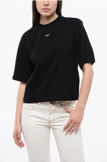 Camiseta corta de cuello redondo con bordado maxi en la espalda en negro - Image 1