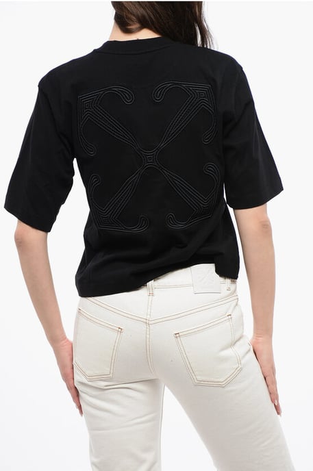 Camiseta corta de cuello redondo con bordado maxi en la espalda en negro - Image 2