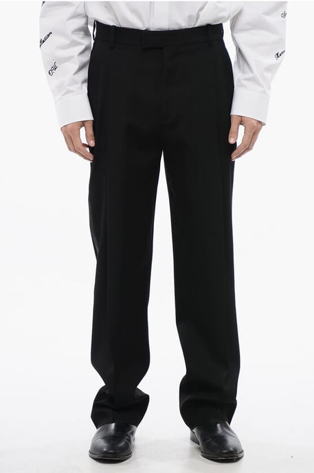 Pantalones de lana de cintura alta con doble pliegue en negro - Image 1