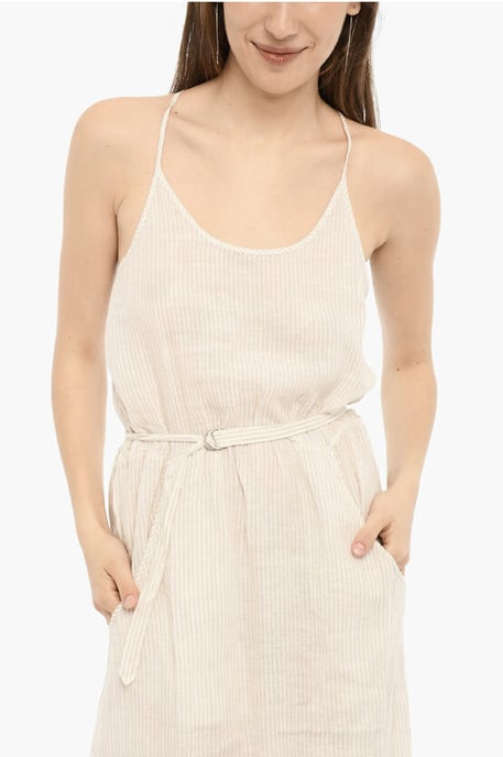 Vestido largo de lino a rayas con cinturón en beige y blanco - Image 3