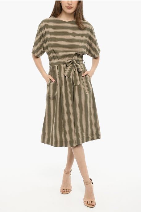 Vestido largo SCULLY de rayas Bayadere con cinturón en beige y verde - Image 1