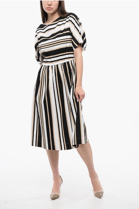 Vestido SCULLY acampanado con rayas y bloques de color en beige, blanco y negro - Image 1