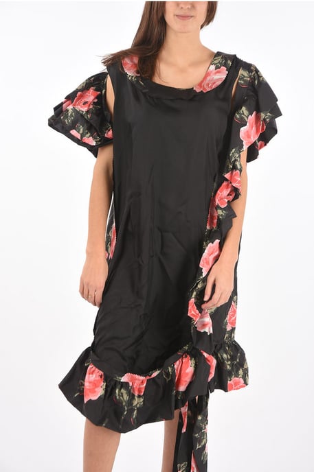 Vestido largo de seda con estampado floral y hombros descubiertos MM0 en negro - Image 4