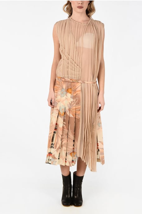 Vestido largo asimétrico de acordeón en mezcla de seda con estampado floral de MMO en beige - Image 1