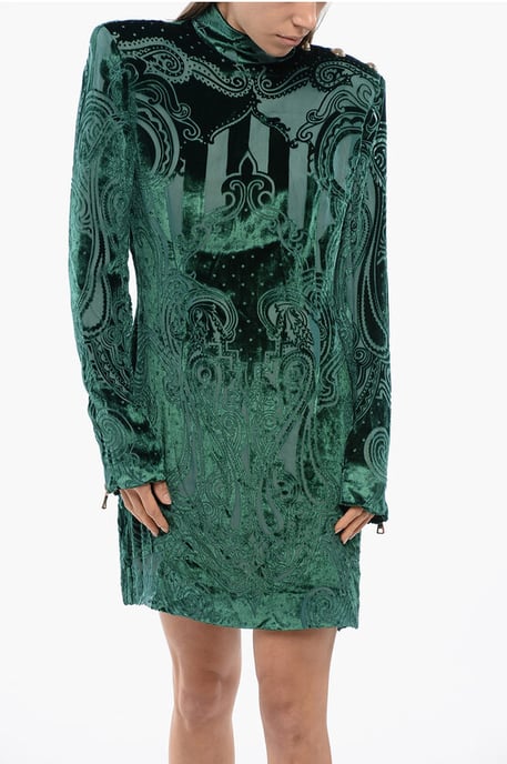 Vestido de terciopelo devoré de manga larga en verde - Image 4