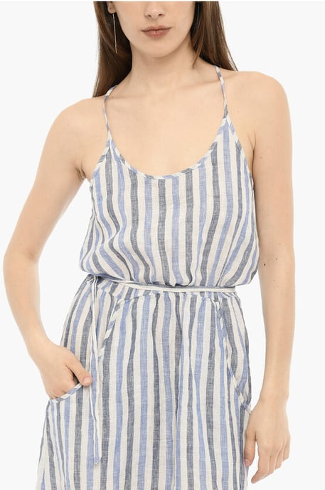 Vestido largo de lino a rayas con cinturón en blanco y azul - Image 3