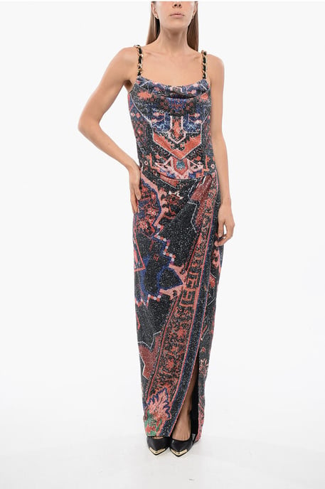 Vestido de lentejuelas con cadenas y abertura profunda en color naranja - Image 1