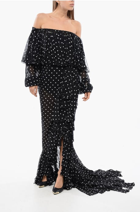 Vestido largo negro con flecos y lunares, hombros descubiertos - Image 1