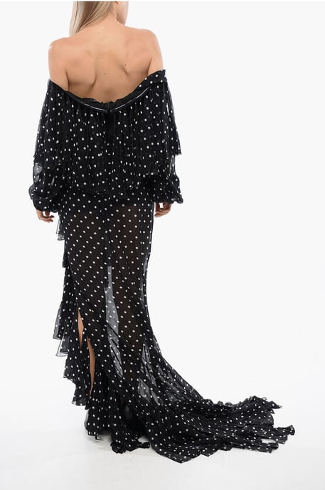 Vestido largo negro con flecos y lunares, hombros descubiertos - Image 2