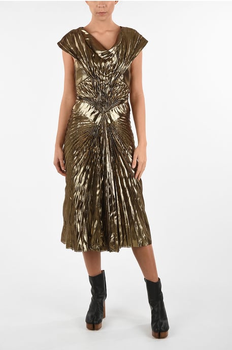 Vestido estilo imperio drapeado de piel sintética metalizada en dorado - Image 1