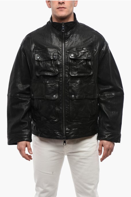Chaqueta de cuero lavada suelta con múltiples bolsillos en negro - Image 1