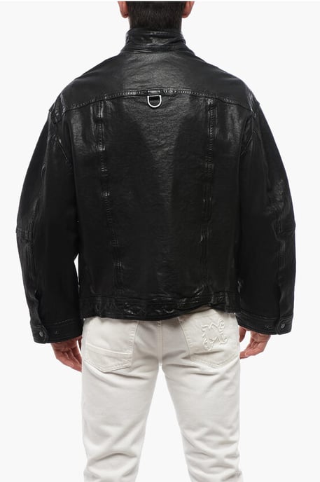 Chaqueta de cuero lavada suelta con múltiples bolsillos en negro - Image 2