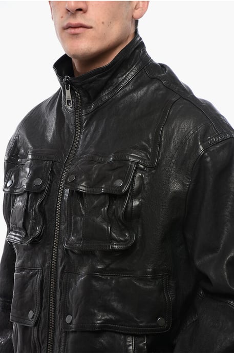 Chaqueta de cuero lavada suelta con múltiples bolsillos en negro - Image 3