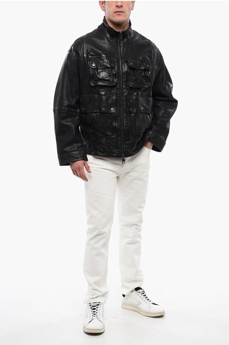 Chaqueta de cuero lavada suelta con múltiples bolsillos en negro - Image 4