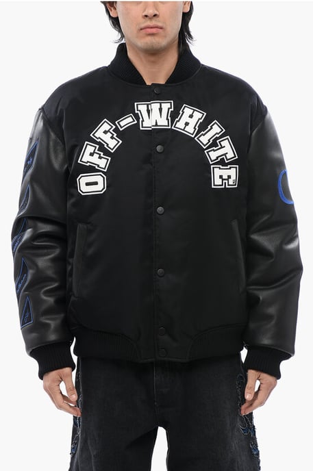 Chaqueta bomber BASEBALL LEA con mangas de cuero y parche del logotipo en negro - Image 1